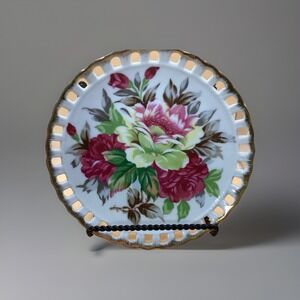 Vtg Norcrest Ceramic Decorative Wall‎ Plate-Reticulated with Pink Flowers-8"